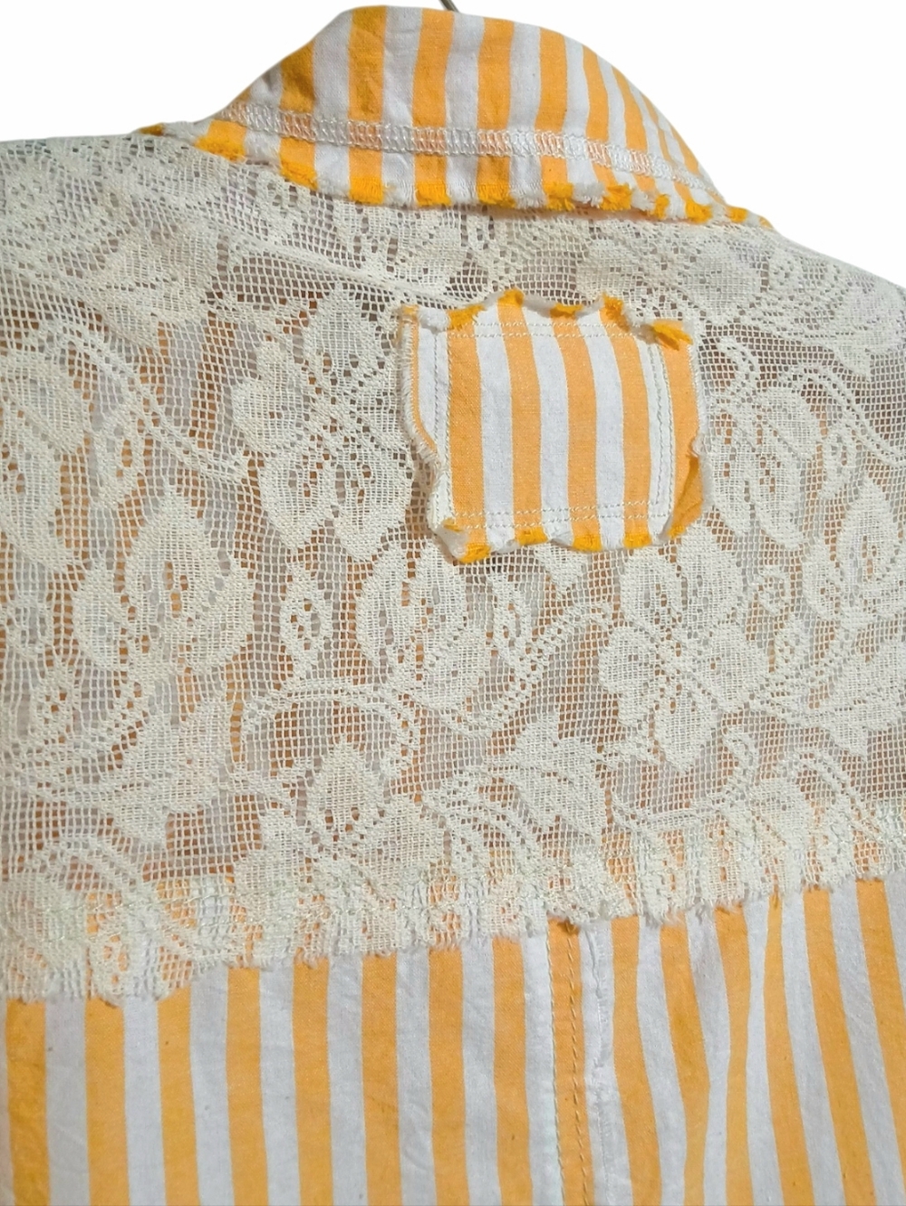 POL Yellow Stripe Blue Floral Boho Cottagecore Patchwork Shacket Top with Lace - Picture 8 of 11
